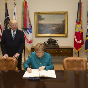 President Donald Trump greets and meets with German Chancellor Angela Merkel