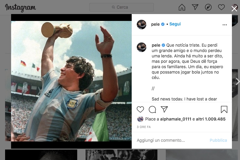 Post Instagram di Pelè sulla morte di Diego Maradona