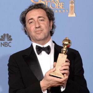 Il regista Paolo Sorrentino con il Golden Globe per La Grande Bellezza