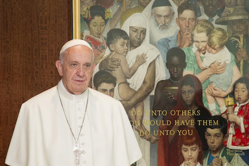 Papa Francesco al Palazzo di Vetro dell'ONU davanti ad un opera di Norman Rockwell
