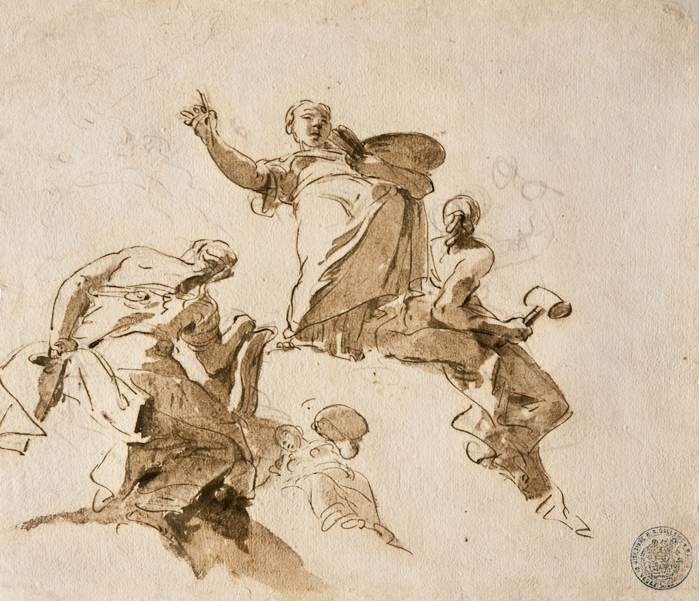 Giambattista Tiepolo
Study of Four Female Figures, ca. 1730–31 Pen, brown ink, and black chalk on white paper 11 3/8 × 13 3/8 inches
Civico Museo Sartorio, Trieste