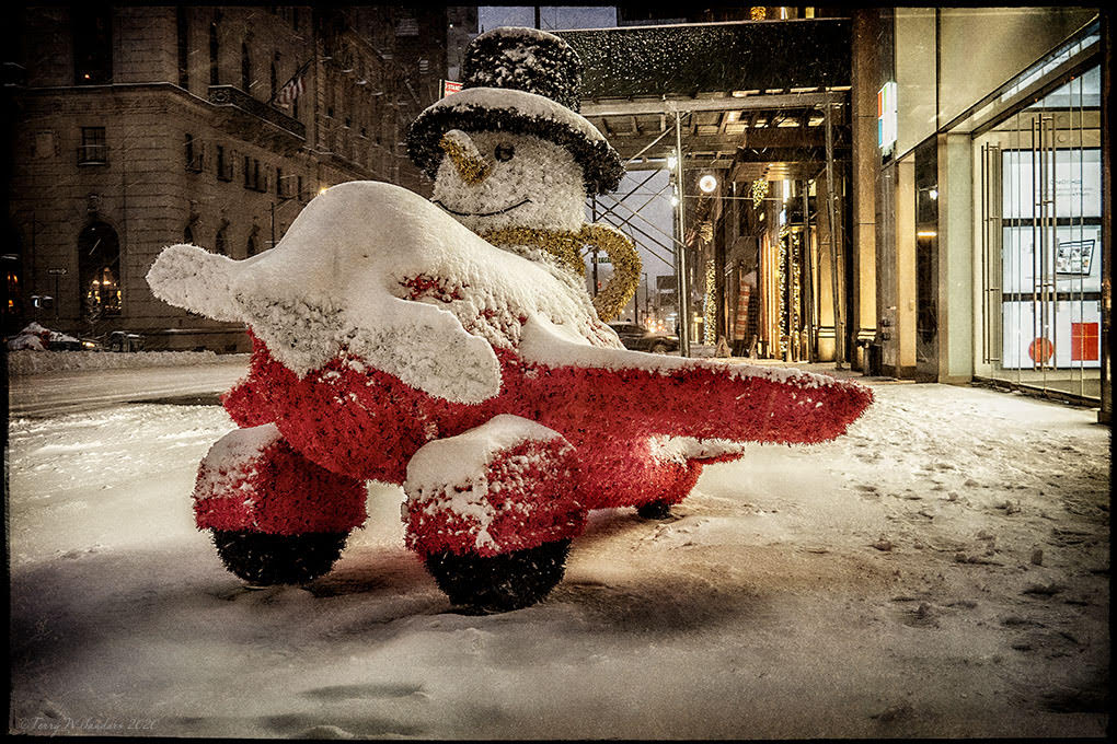 pupazzo-di-neve-newyork-nyc-terrywsanders Pupazzo di neve con il corpo da aeroplano sulla 5th avenue, New York, dicembre 2020 (di Terry W. Sanders)