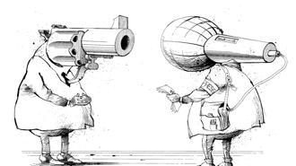 Quella libertà di stampa diversa a ogni latitudine Una rappresentazione del rapporto fra guerra e media di Hassan Karimzadeh, vignettista di diversi giornali iraniani. Nel 1992 l'autore fu imprigionato per aver fatto una caricatura di Khomeini