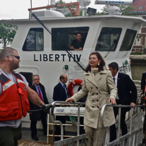 Il presidente della Camera dei Deputati, Laura Boldrini, in visita a New York, all'arrivo su Ellis Island
