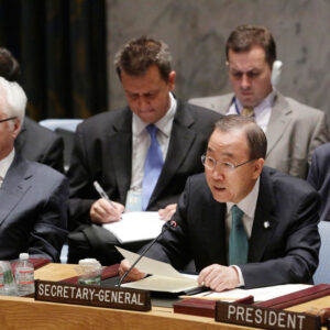 Il Segretario Generale dell'ONU Ban Ki-moon pronuncia il suo appello al Consiglio di Sicurezza riunito per crisi Israele-Gaza (UN Photo/Evan Schneider)