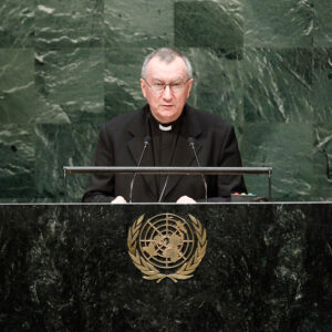 Il Segretario di Stato, Cardinale Pietro Parolin della Santa Sede durante il suo intervento all'Assemblea Generale. UN Photo/Cia Pak