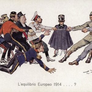 La Prima guerra mondiale e la nostra instabilità strutturale Una vignetta satirica rappresenta Vittorio Emanuele al centro di un tiro alla fune europeo