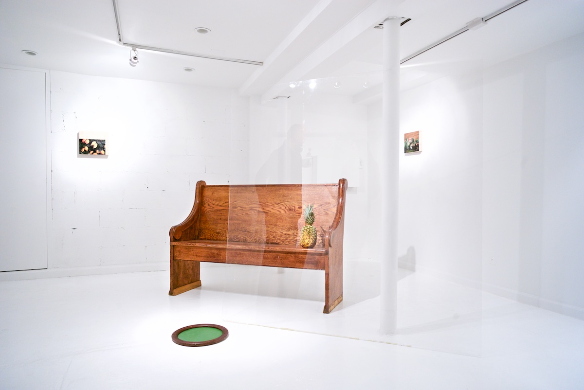 Installation view, 2014 church bench, plexiglass, wood, pineapple, oil paintings.